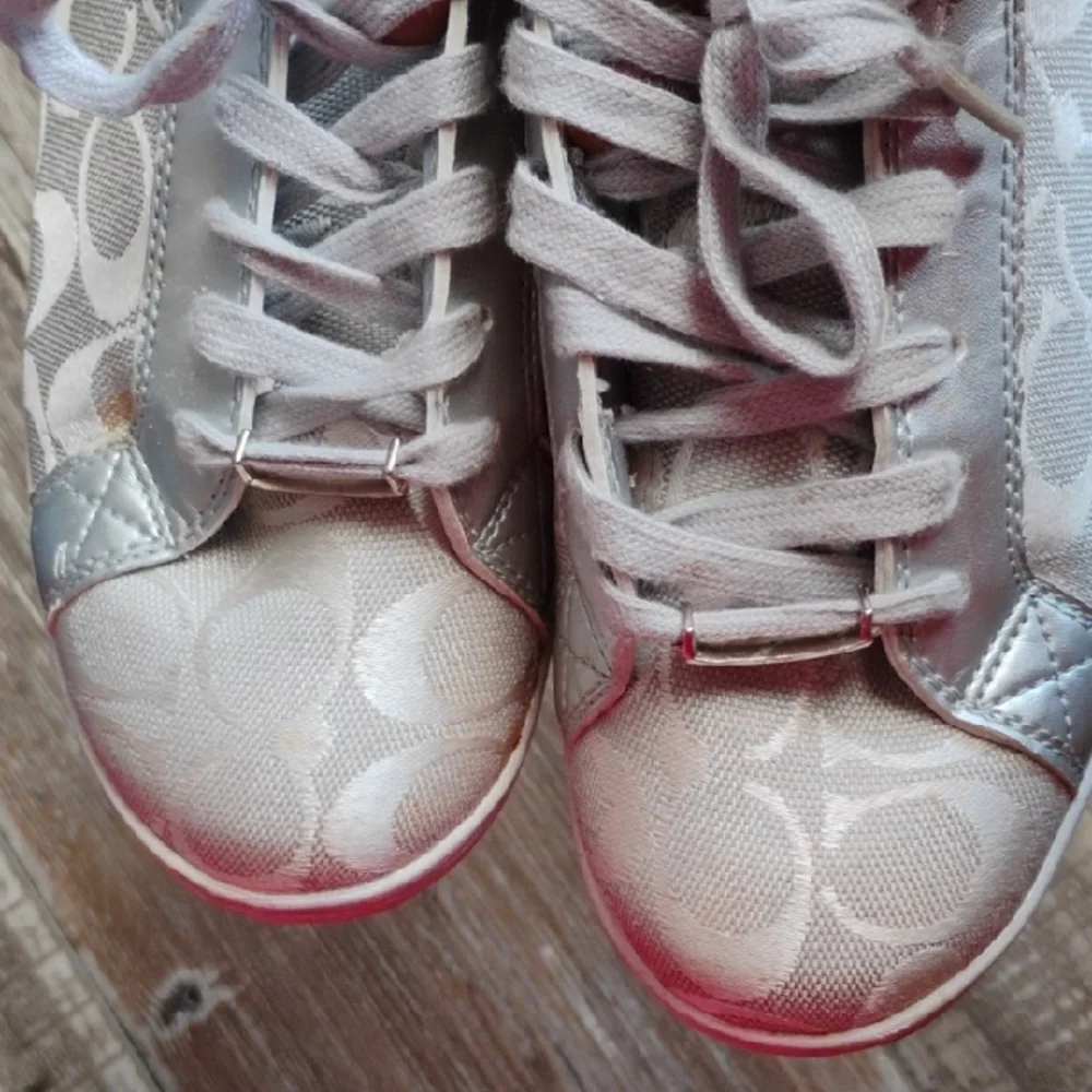 Coach Silver and White Patterned Sneakers, Casual, Size 7.5
